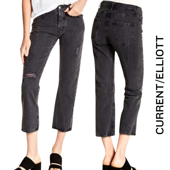 Current/Elliott NEW Cotton Distressed Straight Leg Cropped Jeans Black 30 - Picture 1 of 14